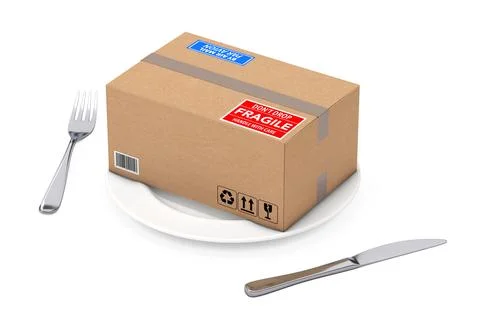 Cardboard Package and Parcel Box on Plate with a Fork and a Knife. 3d Renderi 스톡 일러스트