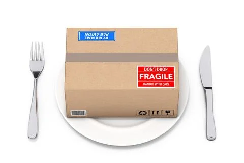Cardboard Package and Parcel Box on Plate with a Fork and a Knife. 3d Renderi Illustration