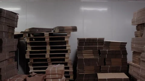 Cardboard packaging and labeled boxes neatly stacked in a warehouse. Stock Footage 274254684
