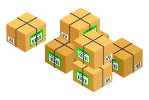 Cardboard packaging boxes, parcels, packaged goods. Trade, shopping. Isometric Stock Illustration