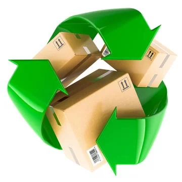 Cardboard packaging boxes with recycling symbol. 3D rendering Stock Illustration