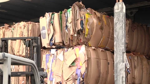 The cardboard packaging is compressed and prepared for recycling Stock Footage 104643773