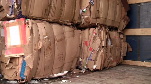 The cardboard packaging is compressed and prepared for recycling Stock Footage 104643778