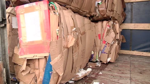 The cardboard packaging is compressed and prepared for recycling Stock Footage 104643985