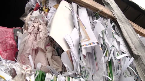 The cardboard packaging is compressed and prepared for recycling Stock Footage 104644913