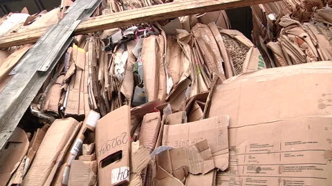 The cardboard packaging is compressed and prepared for recycling Video stock 104645246