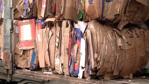 The cardboard packaging is compressed and prepared for recycling Stock Footage 104645297