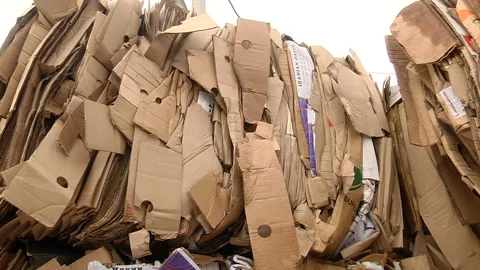 The cardboard packaging is compressed and prepared for recycling Stock Footage 104647122