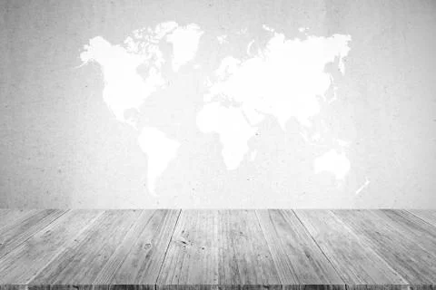 Cardboard paper texture , process in white color with wood terrace with world Foto stock
