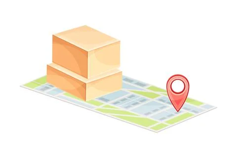 Cardboard parcel box and map with location pin. Parcel delivery service Illustrazione stock
