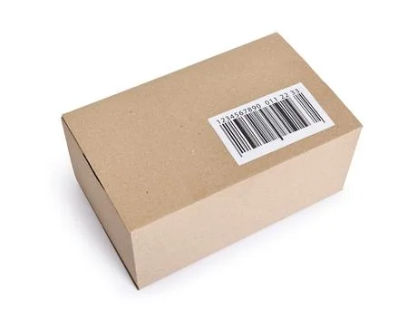 Cardboard parcel box with barcode on white background 写真素材
