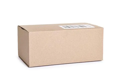 Cardboard parcel box with barcode on white background 스톡 사진