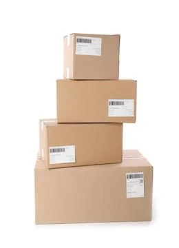 Cardboard parcel boxes on white background. Mockup for design 스톡 사진