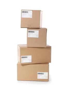 Cardboard parcel boxes on white background. Mockup for design Foto stock
