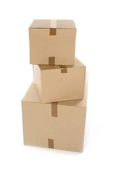 Cardboard parcel boxes on white background. Mockup for design Foto stock