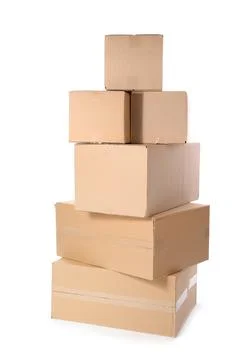 Cardboard parcel boxes on white background. Mockup for design Foto stock