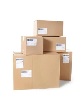 Cardboard parcel boxes on white background. Mockup for design Foto stock