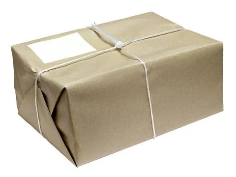 Cardboard parcel parcel tied with string isolated on white background card... Stock Photos