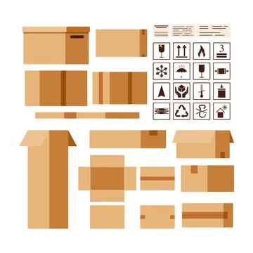 Cardboard parcels box creator with packaging and information sings isolated on Stock Illustration