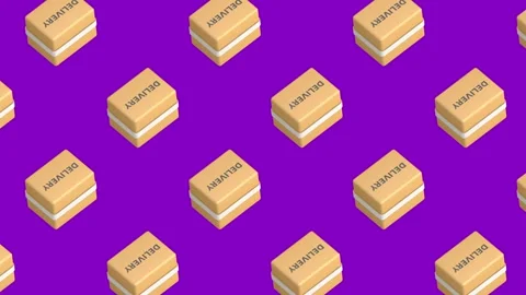 Cardboard parcels marked DELIVERY rotate in a repeating pattern on a purple Stock Footage 346045482