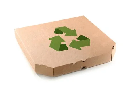 Cardboard pizza box with recycling symbol on white background Stock Photos