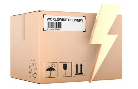 Cardboard shipping box with lightning bolt. Fast international shipping, co.. Illustrazione stock