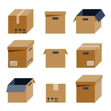 Cardboard square boxes set from different view. Stock Illustration