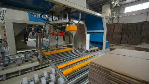 Cardboard stack moving along roller conveyor beside automated packaging Stock Footage 347021918