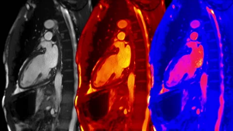 Cardiac MRI side angle of heart beating, in 3 different color looks. Stock Footage 154179217