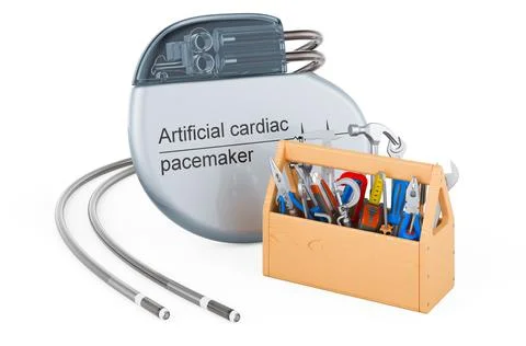 Cardiac pacemaker with toolbox. Artificial cardiac pacemaker repair concept.  Stock Illustration