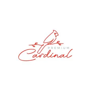 Cardinal bird perched tree twig leaves feminine line art logo design vector Stock Illustration