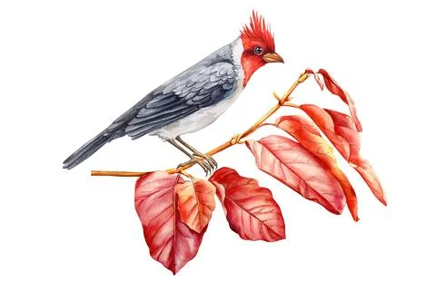 Cardinal bird sitting on a branch with red leaves on isolated white background Stock Illustration
