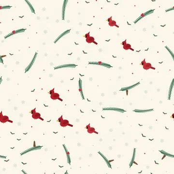 Cardinal birds seamless pattern with pine branches, holly berries, pine cones Stock Illustration