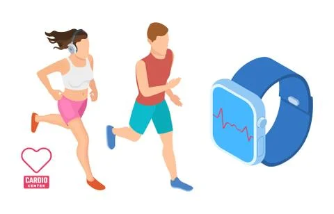 Cardio workout concept. Isometric runners monitoring heart activity. Smart Stock Illustration