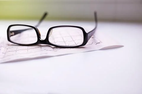 Cardiogram chart with glasses on table closeup. Space for text Stock Photos