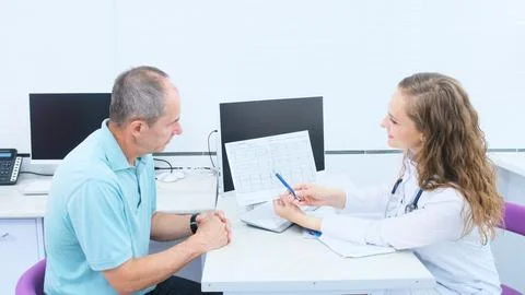 A cardiologist analyzes the results of an electrocardiogram of an elderly m.. Stock Photos