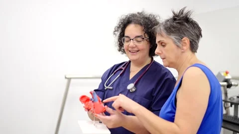 Cardiologist explaining procedure to a patient using a heart model Stock Footage 257719089