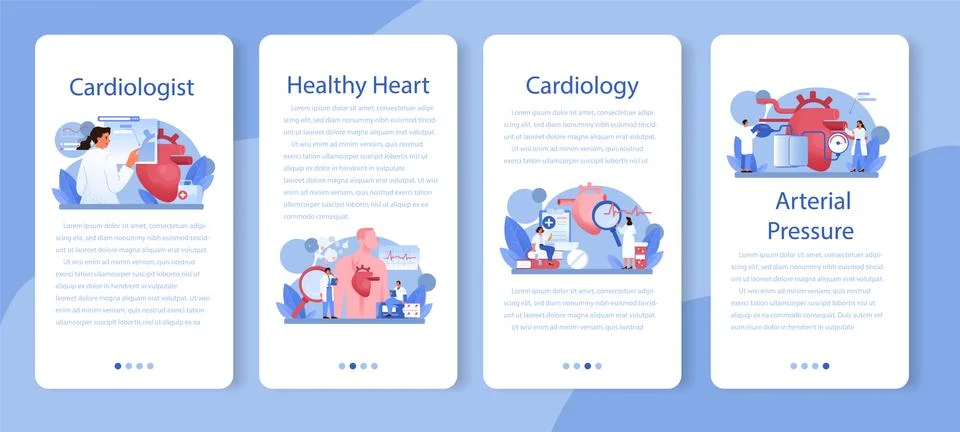 Cardiologist mobile application banner set. Idea of heart care Stock Illustration