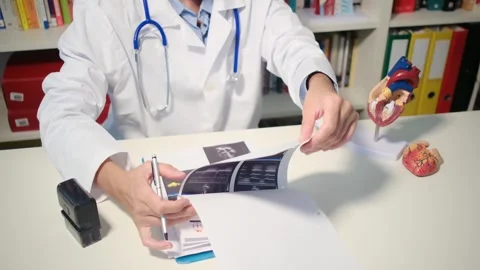 Cardiologist sitting at the table and explain the disease in hospital Stock Footage 251941068