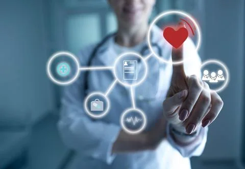 Cardiologist touch sensor panel with heart and cardio icons.MODERN TECHNOLO.. 스톡 사진