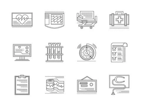 Cardiology elements linear vector icons set Stock Illustration