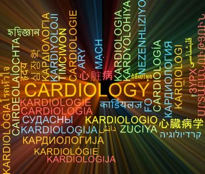 Cardiology multilanguage wordcloud background concept glowing Stock Illustration