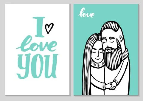 Cards of cute couple. Doodle. Vector Illustration Hand drawn cartoon characte Stock Illustration