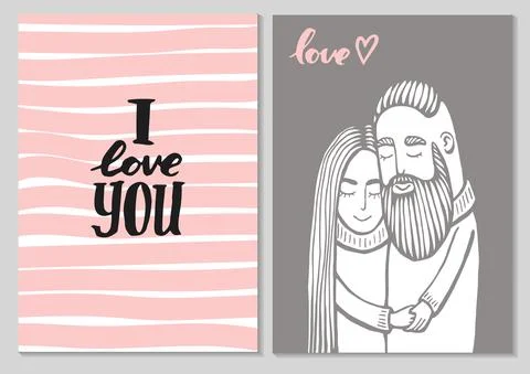Cards of cute couple. Doodle. Vector Illustration Hand drawn cartoon characte Stock Illustration