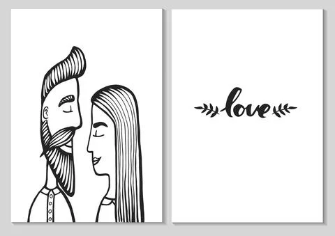 Cards of cute couple. Doodle. Vector Illustration Hand drawn cartoon characte Stock Illustration