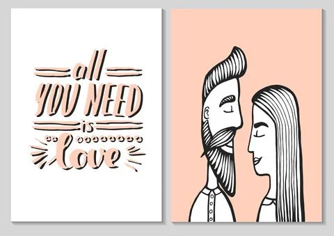 Cards of cute couple. Doodle. Vector Illustration Hand drawn cartoon characte Stock Illustration