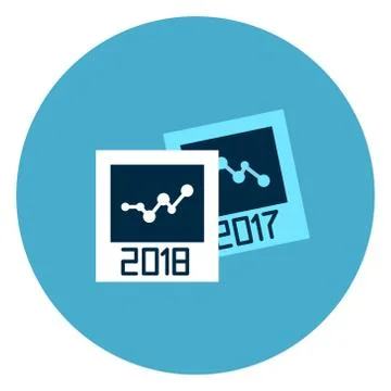 Cards With Data Graphs And Years Reports Icon Web Button On Round Blue Illustrazione stock