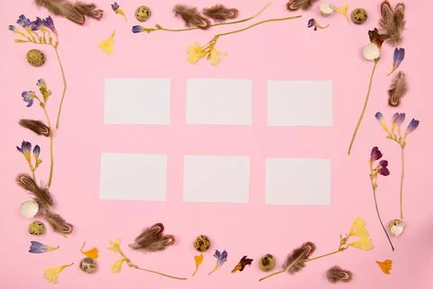 Cards for insertion on a pink background with Easter decor Stock Photos