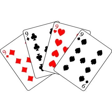 Cards number nine of different suits are spread out in a fan. Stock Illustration