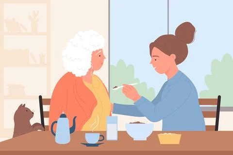 Care and help for elder people from volunteers, young caregiver feeding senior Stock Illustration